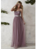 A-line Sweetheart Neck Mauve Ruched Tulle Bridesmaid Dress With Beaded Sash